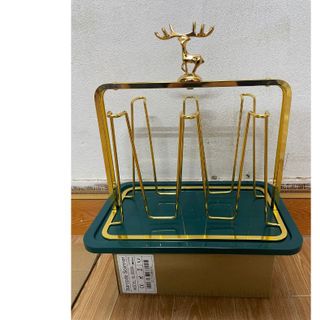 Khay Úp Cốc, Giá Úp Ly, Cốc Kèm Khay Hứng Nước Hình Con Hươu Mạ Vàng Sang Trọng HA044