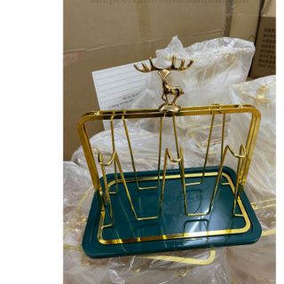 Khay Úp Cốc, Giá Úp Ly, Cốc Kèm Khay Hứng Nước Hình Con Hươu Mạ Vàng Sang Trọng HA044
