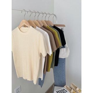 Áo Len Tăm Đũa Cộc Tay Dáng Ôm Cổ Tròn Basic