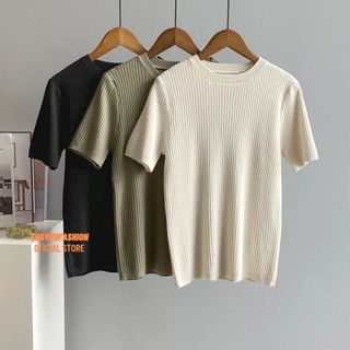 Áo Len Tăm Đũa Cộc Tay Dáng Ôm Cổ Tròn Basic
