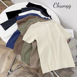 Áo Len Tăm Đũa Cộc Tay Dáng Ôm Cổ Tròn Basic