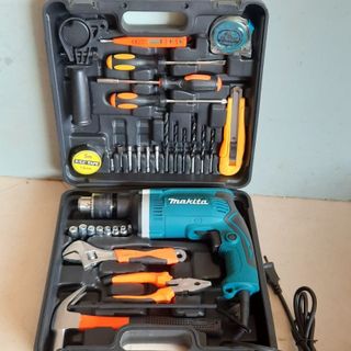 Bộ máy khoan điện Makita, máy khoan tường sắt gỗ 13 ly RE full đồ nghề gia đình tặng kèm phụ kiện 45 chi tiết