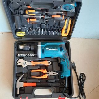 Bộ máy khoan điện Makita, máy khoan tường sắt gỗ 13 ly RE full đồ nghề gia đình tặng kèm phụ kiện 45 chi tiết
