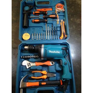 Bộ máy khoan điện Makita, máy khoan tường sắt gỗ 13 ly RE full đồ nghề gia đình tặng kèm phụ kiện 45 chi tiết