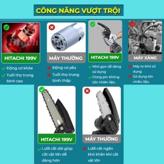 máy cưa xích cầm tay mini chạy pin HITACHI 199V không chổi than máy cưa gỗ chạy pin bảo hành 12 tháng