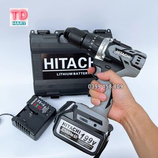Máy khoan pin Hitachi 199v cầm tay, 3 chức năng có búa, động cơ không chổi than kèm bộ phụ kiện
