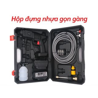 Máy rửa xe dùng pin mini, máy xịt rửa tăng áp Hitachi 199v cao cấp