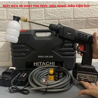 Máy rửa xe dùng pin mini, máy xịt rửa tăng áp Hitachi 199v cao cấp