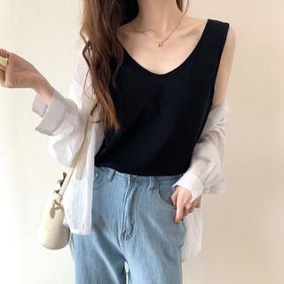 Áo thun nữ ba lỗ cổ tim trơn chất vải cotton xinh xắn giá gốc tận xưởng hàng sẵn số lượng lớn
