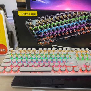 KEYBOARD T-WOLF T75 Phím cơ Punk mạ bạc Led USB White/Black/ Pink colour ( 104 phím tròn ,Blue Swich )