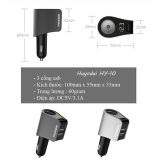 Tẩu Sạc Ô Tô - Tẩu Sạc Nhanh Ô Tô Chính Hãng Hyundai - Đầu Ra 3 Cổng USB, 1 Cổng Tẩu Tròn