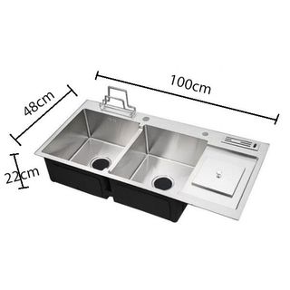 Chậu rửa chén 2 ngăn, màu trắng mờ bằng inox sus 304 kèm kệ dao thớt và hố đựng rác