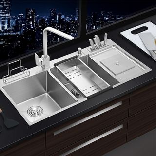 Chậu rửa chén 2 ngăn, màu trắng mờ bằng inox sus 304 kèm kệ dao thớt và hố đựng rác