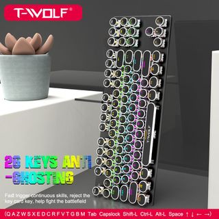 KEYBOARD T-WOLF T12 Phím cơ Punk mạ bạc Led USB White/Black colour ( 87 phím tròn ,Blue Swich )
