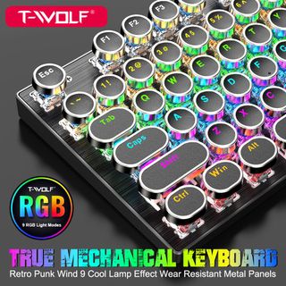 KEYBOARD T-WOLF T12 Phím cơ Punk mạ bạc Led USB White/Black colour ( 87 phím tròn ,Blue Swich )