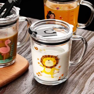 Cốc, Ly chịu nhiệt thủy tinh chia vạch có nắp tránh đổ nước 350ml - Ly em bé chia vạch giá sỉ