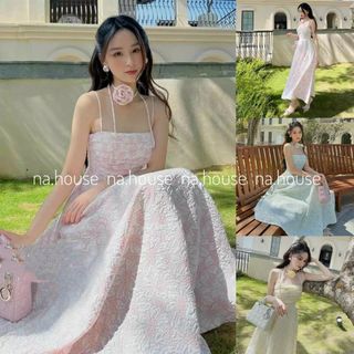 ĐẦM MIDI HAI DÂY ĐI CHƠI ĐI TIỆC VÁY GẤM XỐP 2S DÁNG DÀI KÈM CHOKER HOA