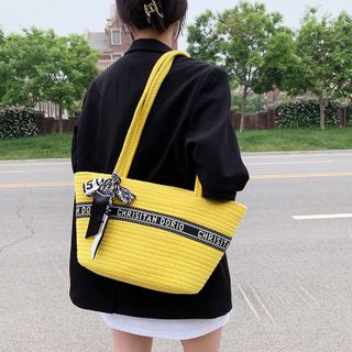 Túi Cói Rơm dệt trụ phối màu túi rút bên trong