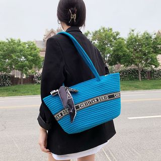 Túi Cói Rơm dệt trụ phối màu túi rút bên trong