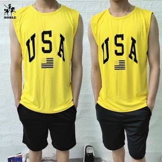 Bộ thể thao unisex nam tập gym, mặc nhà mát mẻ cotton thoáng mát in USA giá sỉ