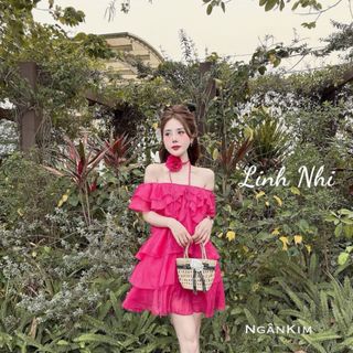 váy đầm trễ vai tầng hoa cuốn hàng thiết kế cao cấp 2023