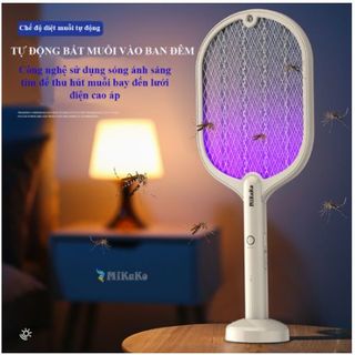 Đèn Bắt Muỗi Tự Động, Kiêm Vợt Muỗi Cầm Tay MiKaKo. Chống Chai Pin Lithium Bằng Chip 1C - Tặng Móc Dán 3D và cốc sạc 5V
