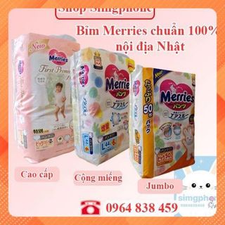 (Cộng Miếng -Jumbo)Tã Bỉm Merries Dán/Quần Nội Địa Nhật cộng miếng/ jumbo/ cao cấp NB96/S88/M68/L58/M64/L50/XL44/XXL28 giá sỉ