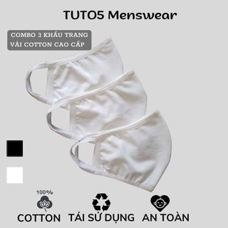 Combo 3 khẩu trang vải dệt kim TUTO5 thời trang 2 lớp trắng/đen người lớn kháng khuẩn, khử mùi, tái sử dụng 30 lần Nhật giá sỉ