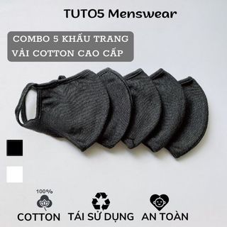 Combo 5 khẩu trang vải dệt kim TUTO5 thời trang 2 lớp trắng/đen người lớn kháng khuẩn, khử mùi, tái sử dụng 30 lần Nhật giá sỉ