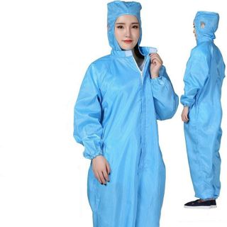 Quần áo phòng sạch liền thân chống tĩnh điện màu xanh và trắng