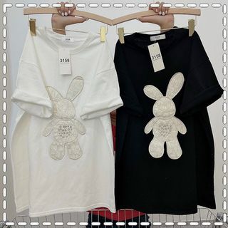 Áo thun form rộng tay lỡ nữ 3158 cổ tròn đáp thêu giá rẻ unisex in hình thỏ dễ thương nhiều màu siêu hot giá sỉ số lượng lớn