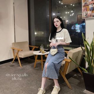 Chân váy jean dáng midi xẻ tà cá tính