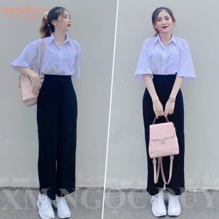 Áo sơ mi trắng nữ tay lỡ form rộng kiểu áo sơ mi nữ basic có túi mặc đi làm công sở học sinh sinh viên đều đẹp