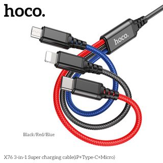 Cáp sạc Hoco X76 3-in-1 Lightning+ Type-C + Micro dây dù siêu bền dài 100cm hổ trợ sạc 2.0A