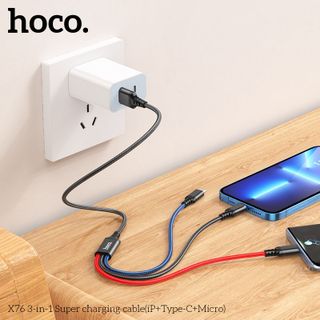 Cáp sạc Hoco X76 3-in-1 Lightning+ Type-C + Micro dây dù siêu bền dài 100cm hổ trợ sạc 2.0A