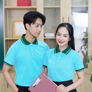 Áo đồng phục BONMAX phối bo cổ Nam - Nữ màu Xanh thiên thanh giá sỉ