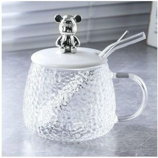 Cốc nước thủy tinh (kèm thìa/ống hút) hình gấu Bearbrick chịu nhiệt cao 500ML