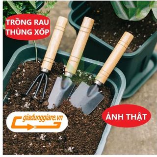 Bộ 03 Dụng cụ làm vườn mini cán gỗ (Xẻng + Bay + Cào đất) dùng đa năng trồng rau trồng hoa chăm cây cảnh tiện lợi