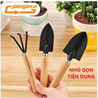 Bộ 03 Dụng cụ làm vườn mini cán gỗ (Xẻng + Bay + Cào đất) dùng đa năng trồng rau trồng hoa chăm cây cảnh tiện lợi