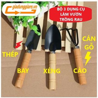 Bộ 03 Dụng cụ làm vườn mini cán gỗ (Xẻng + Bay + Cào đất) dùng đa năng trồng rau trồng hoa chăm cây cảnh tiện lợi