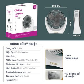Quạt mini để bàn, quạt tích điện CWell động cơ không tiếng ồn, xoay 210 độ, pin khủng, bán chạy 2022