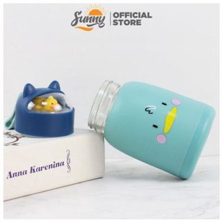 Bình nước giữ nhiệt 360ml nắp thú dễ thương lõi thủy tinh bọc nhựa cách nhiệt BN16