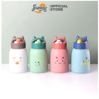 Bình nước giữ nhiệt 360ml nắp thú dễ thương lõi thủy tinh bọc nhựa cách nhiệt BN16