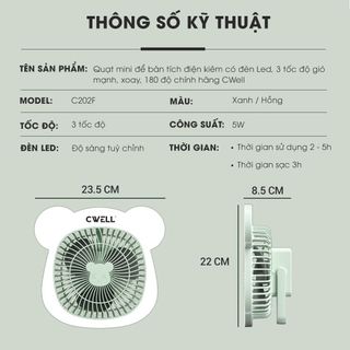 Quạt mini, Quạt để bàn tích điện, quạt mini để bàn có đèn led Cwell C202F
