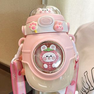 Bình Nước Quai Đeo Thỏ Gấu Vũ Trụ Sticker nắp bật cực cưng 1100ml
