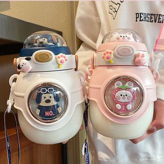 Bình Nước Quai Đeo Thỏ Gấu Vũ Trụ Sticker nắp bật cực cưng 1100ml