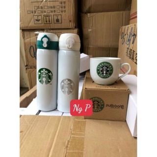 Set bình giữ ấm Starbuck, cốc sứ kèm thìa, inox 304 giữ ấm tới 12h , đồ gia dụng thông minh, tiện ích