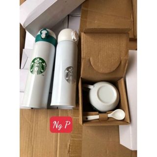 Set bình giữ ấm Starbuck, cốc sứ kèm thìa, inox 304 giữ ấm tới 12h , đồ gia dụng thông minh, tiện ích