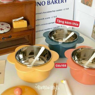 Bát úp mì - Bát ăn mì tôm inox 2 lớp hạ nhiệt hình hình hoa có nắp đậy đậy , đồ gia dụng thông minh, tiện ích
