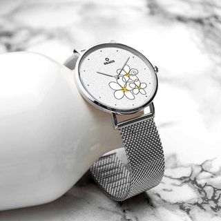 Đồng Hồ Nữ - Thương Hiệu DRACO D22-STN01 "Flower Garden" trắng dây lưới bạc